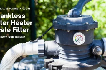 Close-up of a tankless water heater scale filter with a pressure gauge and white hose connections, outdoors in front of blurred green foliage. The image highlights the text 'Tankless Water Heater Scale Filter' and 'Eliminate Scale Buildup'.