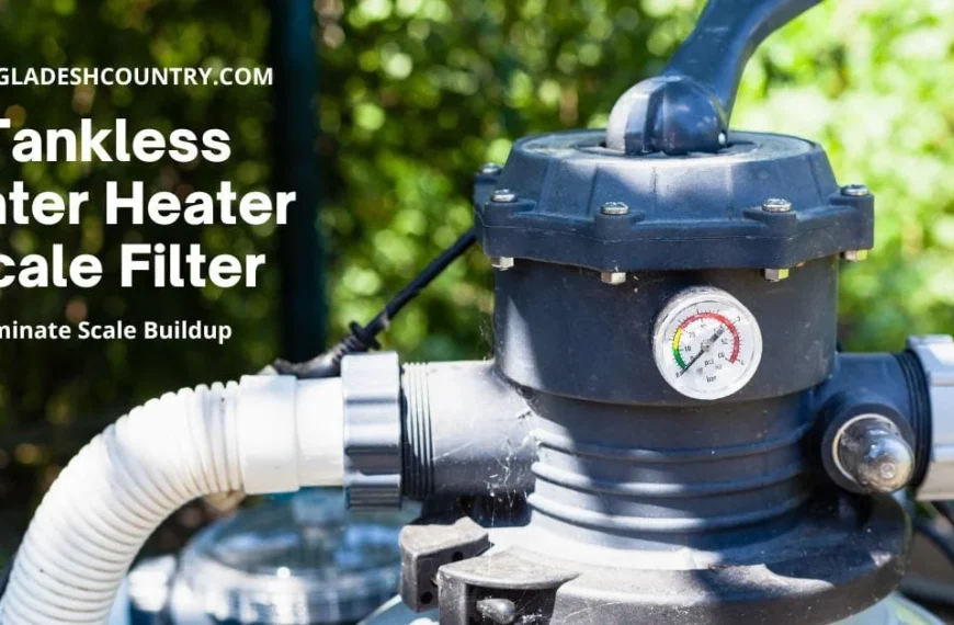 Close-up of a tankless water heater scale filter with a pressure gauge and white hose connections, outdoors in front of blurred green foliage. The image highlights the text 'Tankless Water Heater Scale Filter' and 'Eliminate Scale Buildup'.
