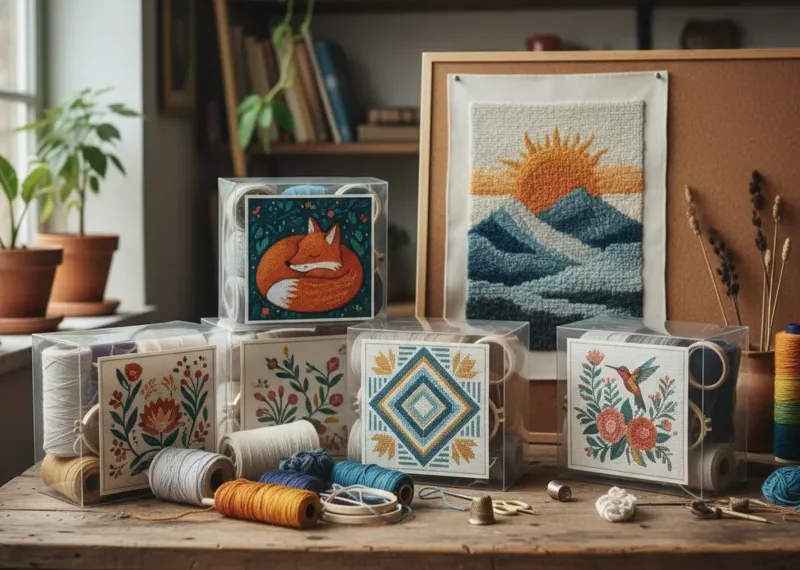 Modern tapestry kit with colorful wool yarns, a printed canvas, and a needle, ready for crafting a unique textile art piece.