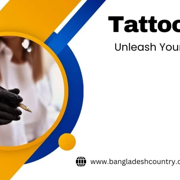 A gloved hand holds a modern black tattoo pen with a gold tip, alongside text 'Tattoo Pen: Unleash Your Creativity'. A smaller image of a traditional tattoo machine is also present, with the website www.bangladeshcountry.com.