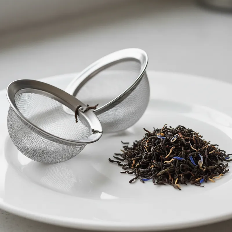 A close-up, high-quality photo of a classic stainless steel mesh tea ball, half-open, sitting next to a small pile of loose-leaf Earl Grey tea on a cl