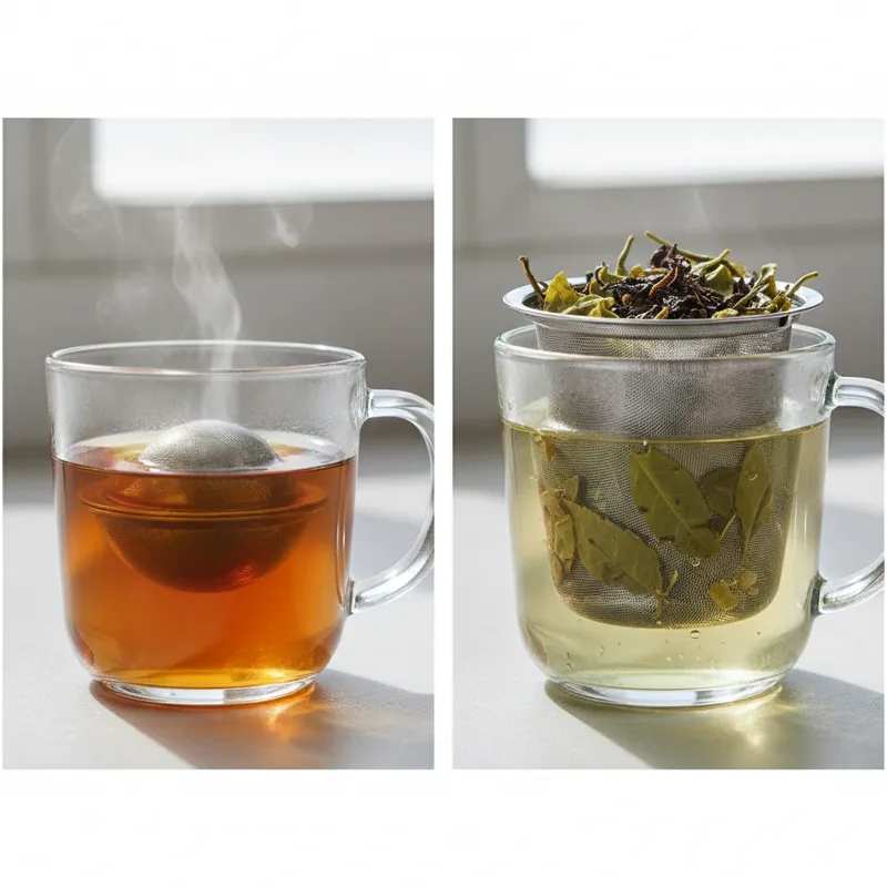 A split-screen image. On the left, a tea ball steeping perfectly in a clear glass mug, creating a beautiful amber liquid. On the right, a different gl