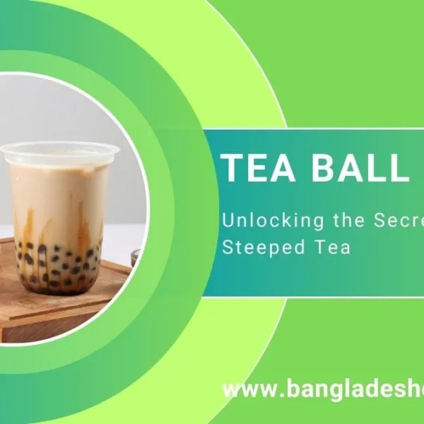 A promotional image for 'Tea Ball' featuring two cups of brown sugar boba milk tea with tapioca pearls on a wooden tray, set against a green graphic background.