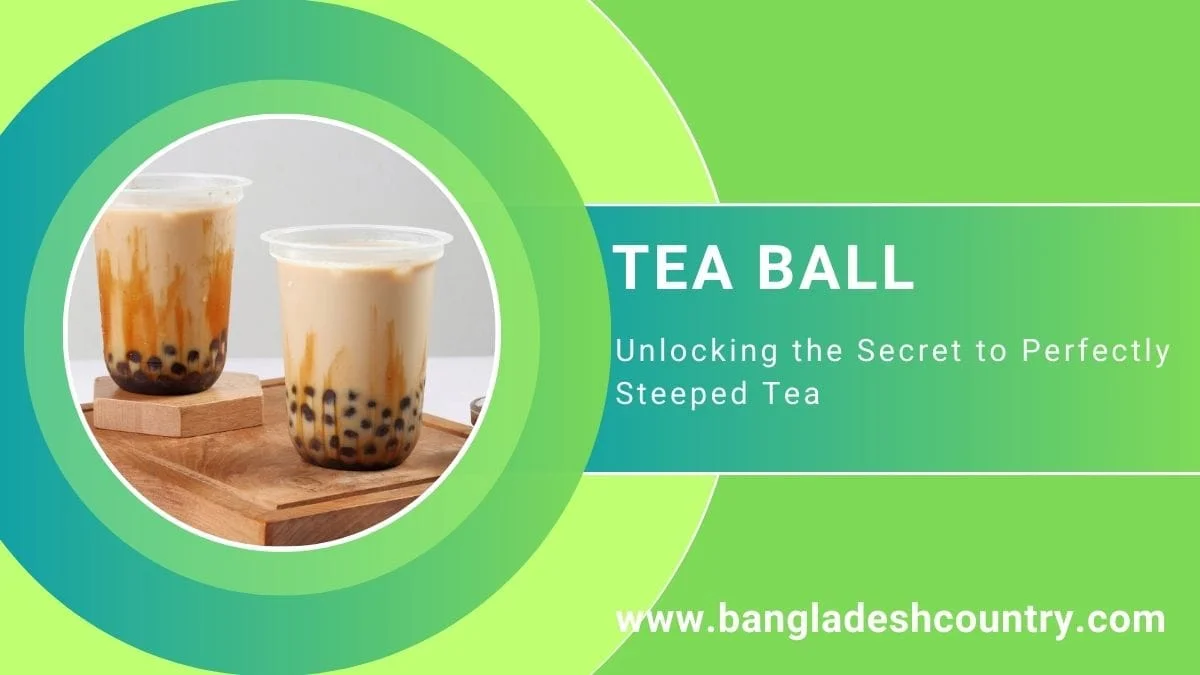 A promotional image for 'Tea Ball' featuring two cups of brown sugar boba milk tea with tapioca pearls on a wooden tray, set against a green graphic background.