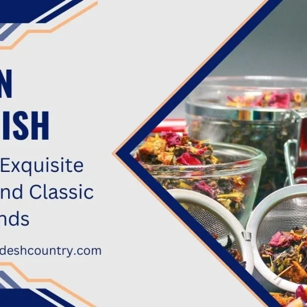 Promotional graphic for 'Tea in Spanish'. The image shows a close-up of vibrant loose-leaf herbal tea in an infuser and a glass of brewed red tea, next to text that reads 'Discover Exquisite Varieties and Classic Blends'.