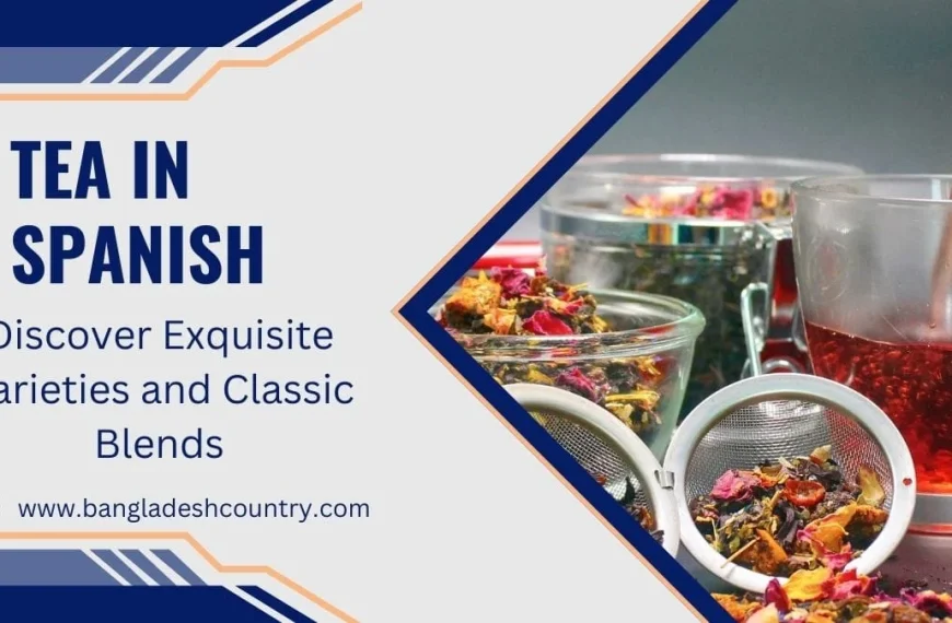 Promotional graphic for 'Tea in Spanish'. The image shows a close-up of vibrant loose-leaf herbal tea in an infuser and a glass of brewed red tea, next to text that reads 'Discover Exquisite Varieties and Classic Blends'.