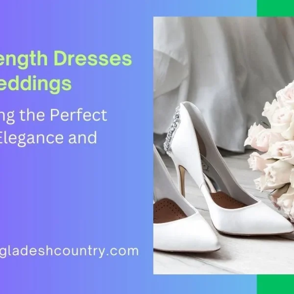 A promotional graphic for an article about 'Tea Length Dresses for Weddings.' The image shows a pair of white, high-heeled bridal shoes next to a beautiful bouquet of pink and cream roses on a wooden surface.