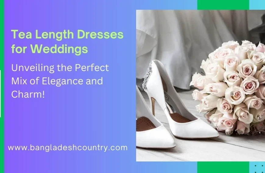 A promotional graphic for an article about 'Tea Length Dresses for Weddings.' The image shows a pair of white, high-heeled bridal shoes next to a beautiful bouquet of pink and cream roses on a wooden surface.