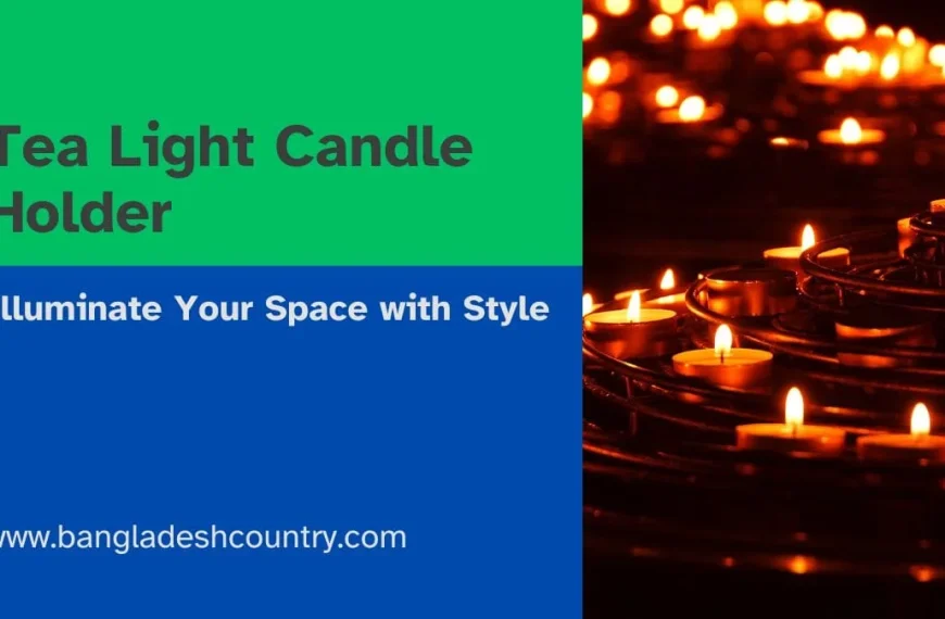 A promotional image for a tea light candle holder. On the right, a multi-tiered metal holder glows with numerous lit tea lights. On the left, a green and blue background features the text 'Tea Light Candle Holder' and 'Illuminate Your Space with Style'.