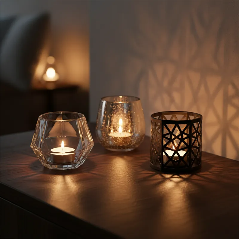 A close-up shot of three different tea light candle holders side-by-side on a dark wood surface: one is clear, faceted glass casting sharp light patte