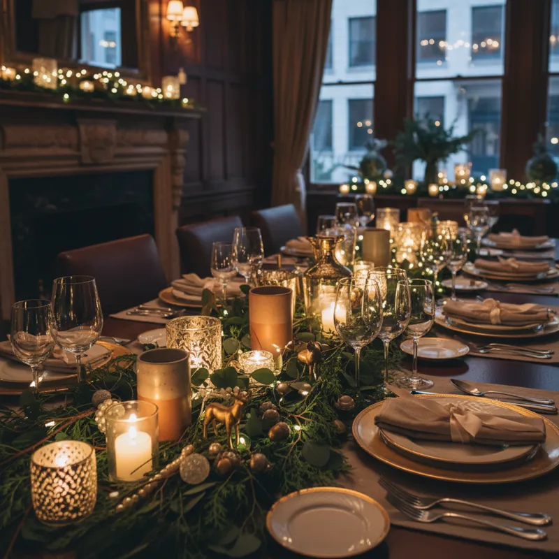 A beautifully decorated dining room table set for an evening meal, with a long, layered centerpiece of various tea light holders, greenery, and small