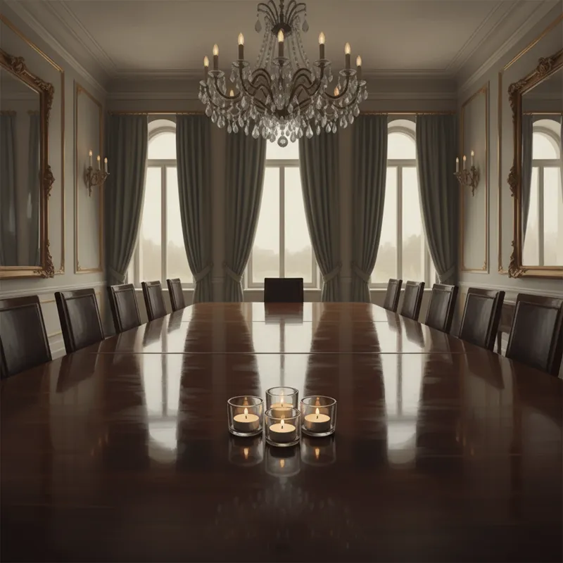 An image illustrating a common mistake: two or three tiny tea light holders sitting awkwardly in the middle of a very large dining table, looking lost