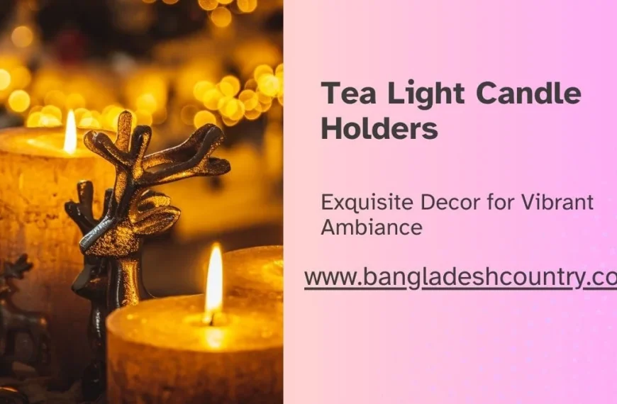 A promotional graphic for tea light candle holders. On the left is a festive scene with a decorative bronze reindeer figurine next to glowing pillar candles, with warm bokeh lights in the background. The right side has text on a pink gradient background.