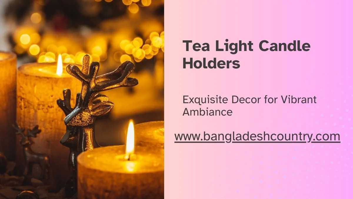 A promotional graphic for tea light candle holders. On the left is a festive scene with a decorative bronze reindeer figurine next to glowing pillar candles, with warm bokeh lights in the background. The right side has text on a pink gradient background.