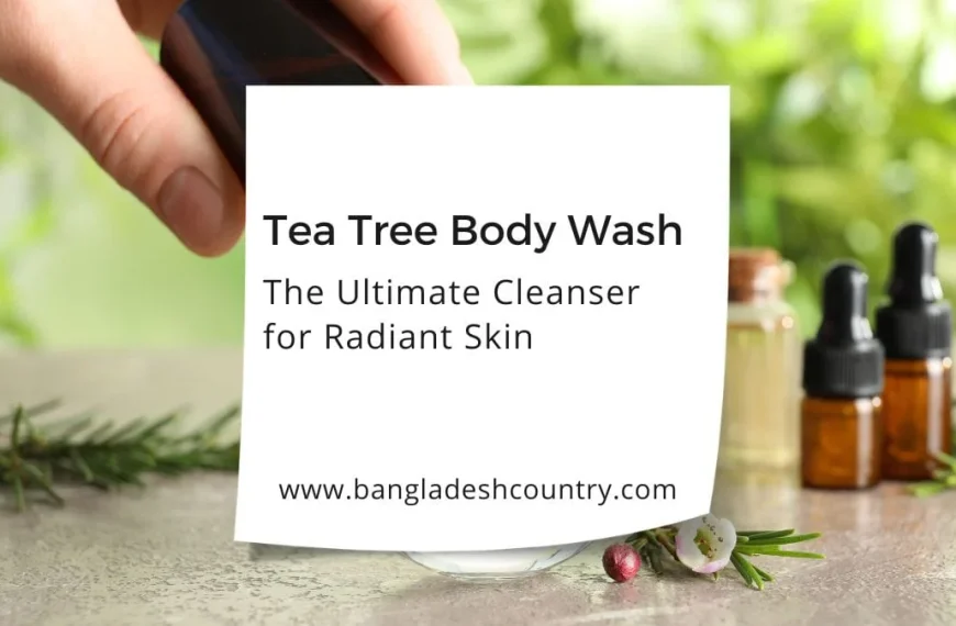 A promotional image for Tea Tree Body Wash. A hand holds a white card with the text "Tea Tree Body Wash, The Ultimate Cleanser for Radiant Skin." The background features a natural, out-of-focus setting with amber dropper bottles of essential oil and green botanicals.