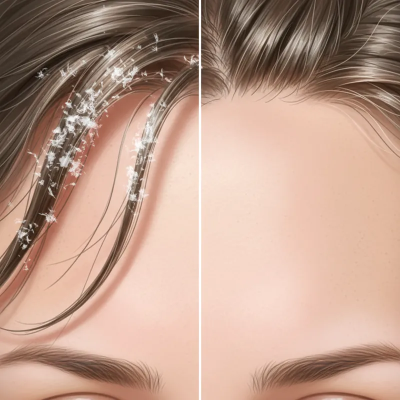 A split-screen image. On the left, a close-up of a scalp with visible dandruff flakes. On the right, the same scalp looking clean, clear, and healthy.