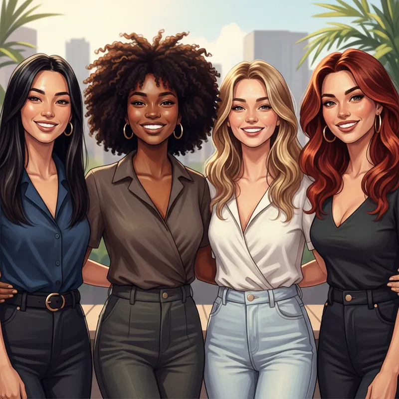 A diverse group of four people with visibly different hair types—oily and straight, coily and dry, fine and wavy, thick and color-treated—all looking