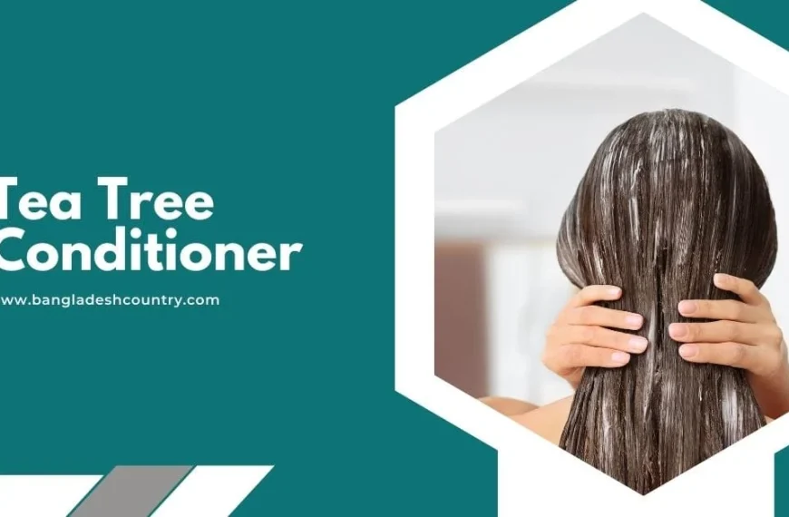 A promotional banner for Tea Tree Conditioner, with text on a teal background and an image of a woman applying the conditioner to her long, wet brown hair.