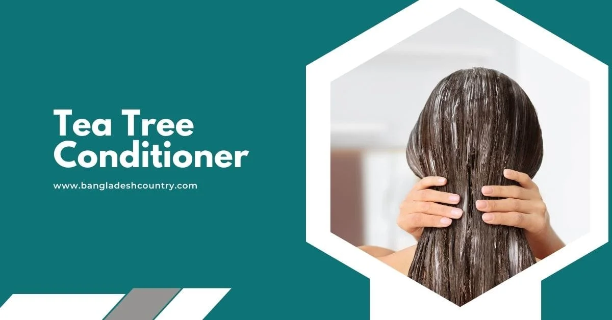 A promotional banner for Tea Tree Conditioner, with text on a teal background and an image of a woman applying the conditioner to her long, wet brown hair.