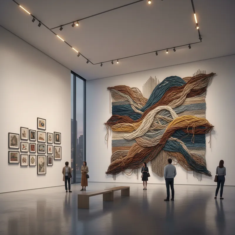 A contemporary art gallery space in 2026, featuring diverse textile artworks. One large, abstract woven piece dominates a wall, while smaller, framed