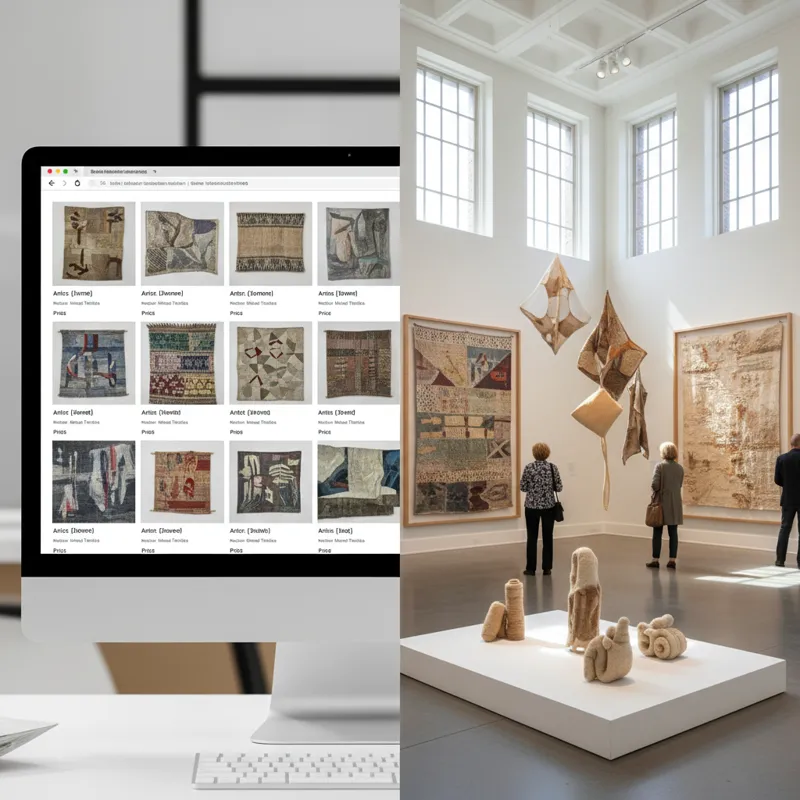 A split image. On one side, a clean, modern online art marketplace interface displaying various textile artworks. On the other side, an inviting, well