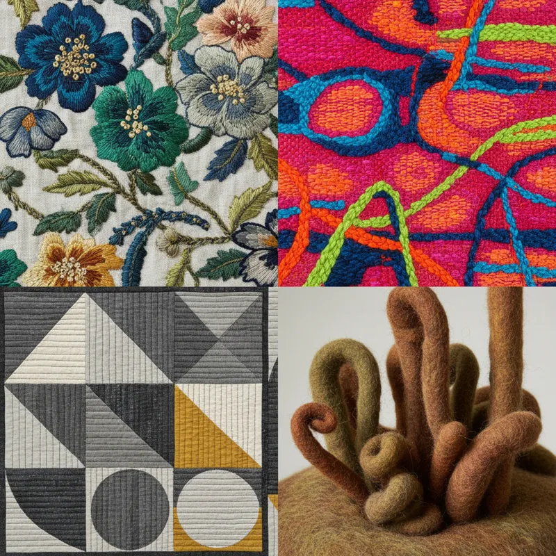 A diverse collage of textile art styles: a close-up of intricate hand embroidery, a section of a vibrant abstract tapestry, a modern art quilt with ge
