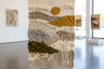 Vibrant abstract textile art for sale, featuring layered fabrics, intricate stitching, and rich textures, ideal for modern decor.