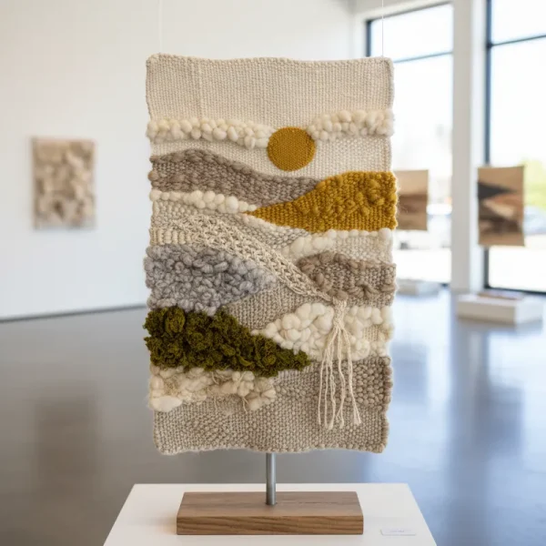 Vibrant abstract textile art for sale, featuring layered fabrics, intricate stitching, and rich textures, ideal for modern decor.