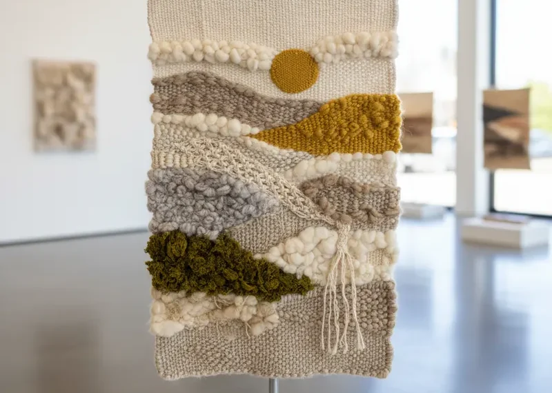 Vibrant abstract textile art for sale, featuring layered fabrics, intricate stitching, and rich textures, ideal for modern decor.