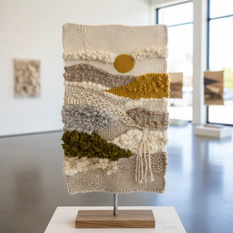 Vibrant abstract textile art for sale, featuring layered fabrics, intricate stitching, and rich textures, ideal for modern decor.