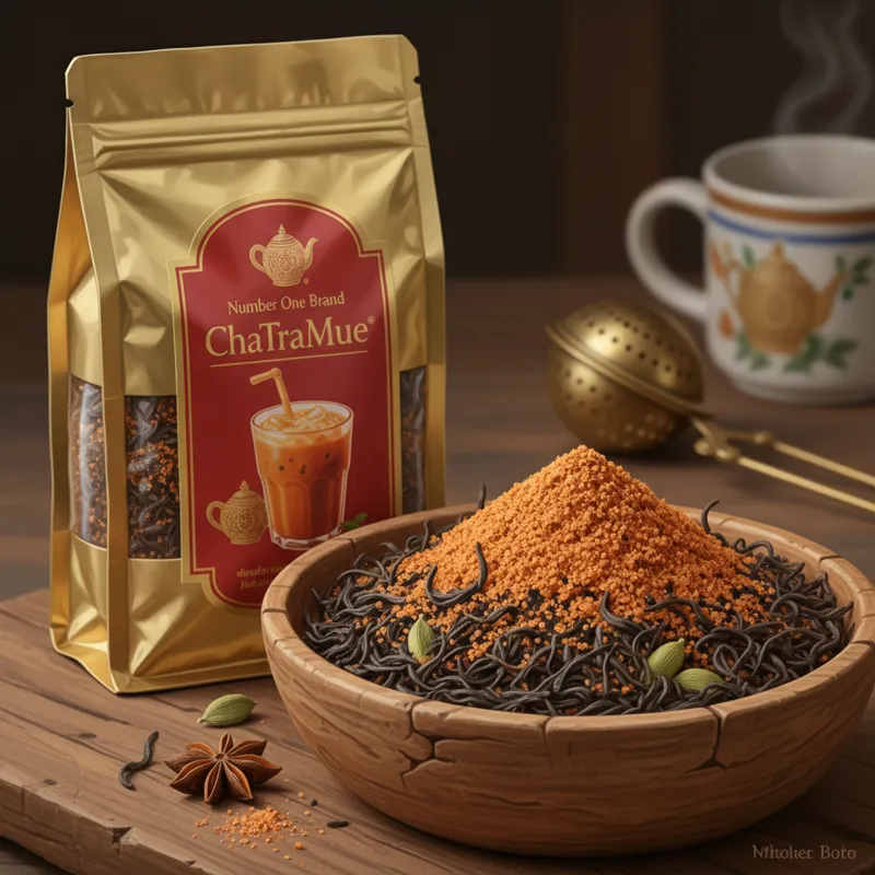 A close-up shot of loose-leaf Thai tea mix, showing the dark tea leaves and reddish-orange powder, in a rustic wooden bowl next to a sealed bag of Num
