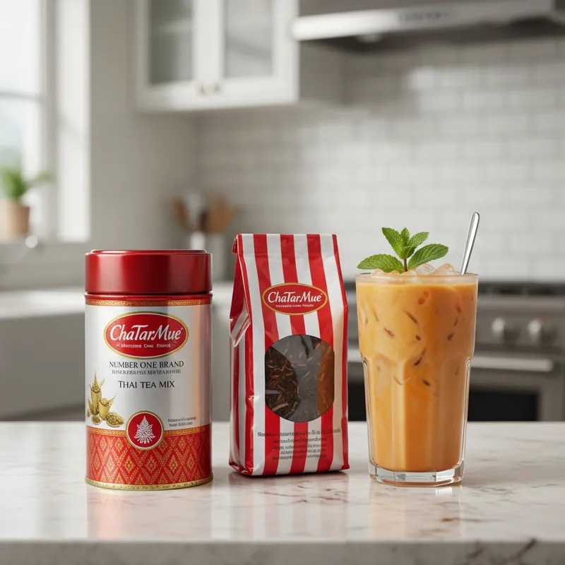 A vibrant, clear shot of the iconic red and white ChaTraMue Number One Brand Thai Tea Mix canister and bag, sitting on a clean kitchen counter with a