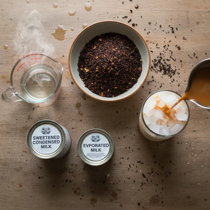 An overhead shot of the ingredients for Thai iced tea laid out neatly: a bowl of Thai tea mix, a measuring cup of hot water, a can of sweetened conden