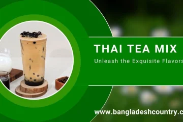 A promotional graphic for Thai Tea Mix featuring a tall glass of iced Thai milk tea with black boba pearls, set against a vibrant green background with the text 'Unleash the Exquisite Flavors'.