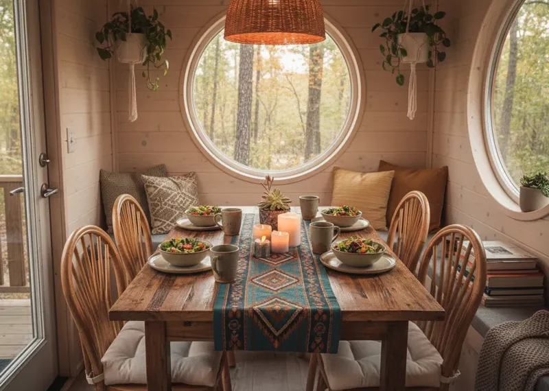 Compact dining table in a modern tiny home interior, showcasing space-saving furniture and functional design for small living areas.