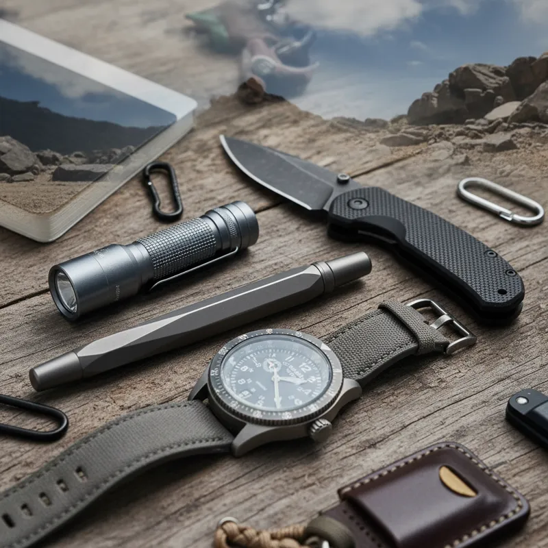 A titanium pen shown alongside a set of EDC gear like a pocket knife, flashlight, and watch, suggesting ruggedness and daily utility in various enviro