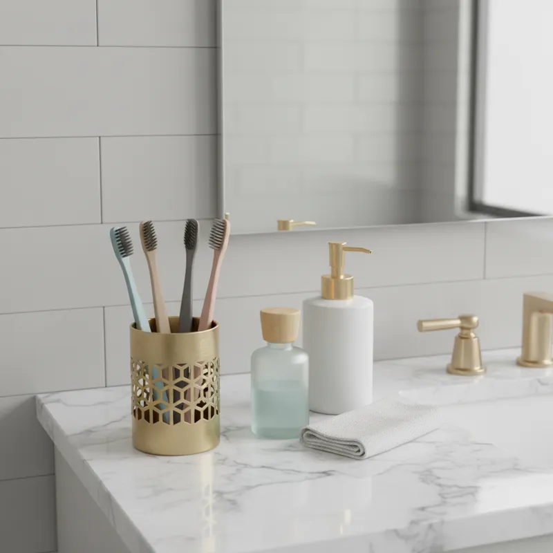A clean, organized bathroom counter with a stylish toothbrush holder holding multiple toothbrushes.