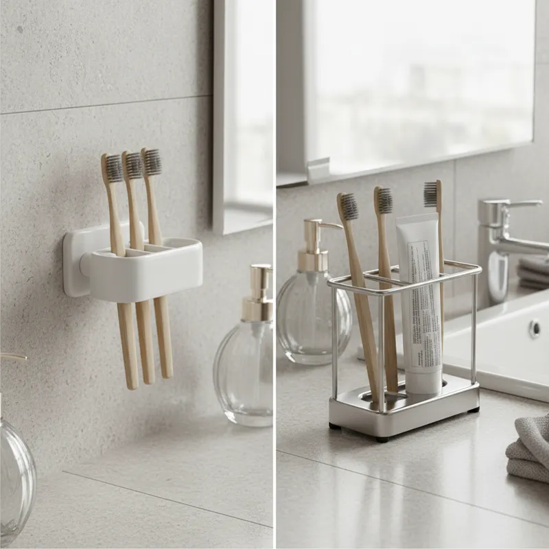 A comparison image showing a wall-mounted toothbrush holder next to a countertop one, highlighting space-saving benefits.