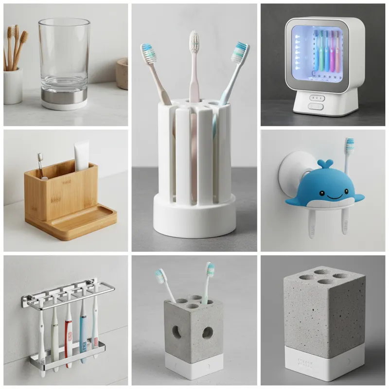 A collage of seven different types of toothbrush holders, showcasing their unique designs and materials.