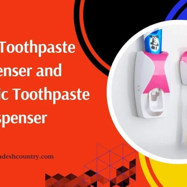 A graphic featuring a pink and white automatic toothpaste dispenser with a blue toothpaste tube inserted, and a matching toothbrush holder with five colorful toothbrushes, alongside the white text title '9 Best Toothpaste Dispenser and Automatic Toothpaste Dispenser' on an orange background.