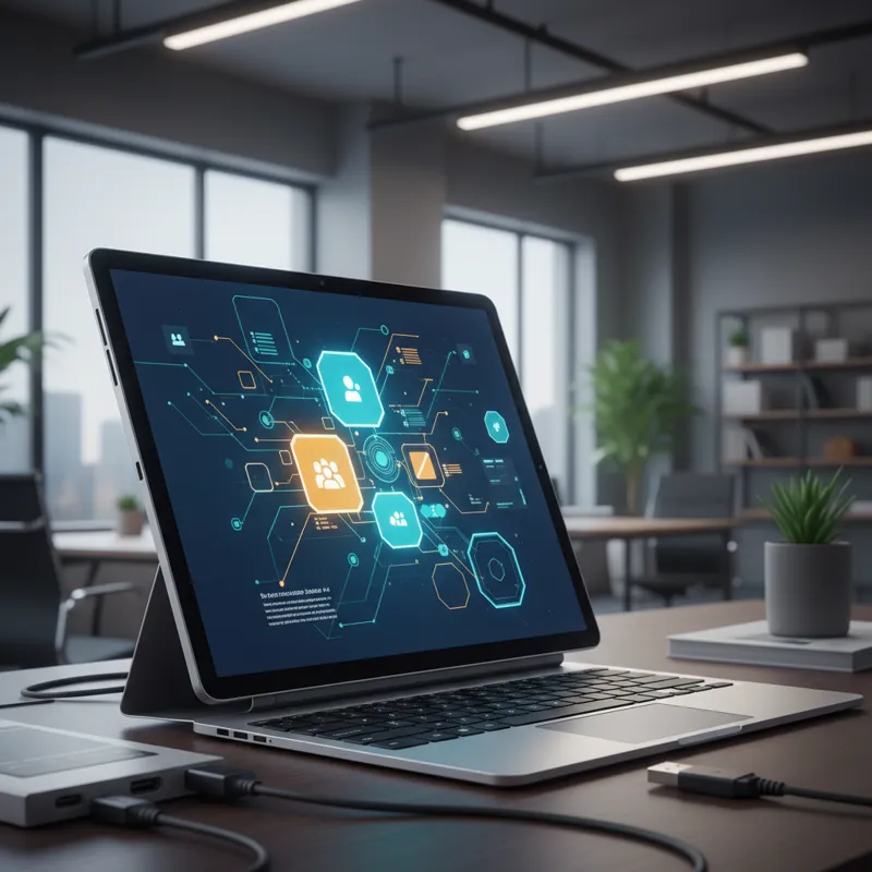 A sleek, modern 2-in-1 touch screen laptop in a professional setting, displaying a vibrant interface. The background is slightly blurred office enviro