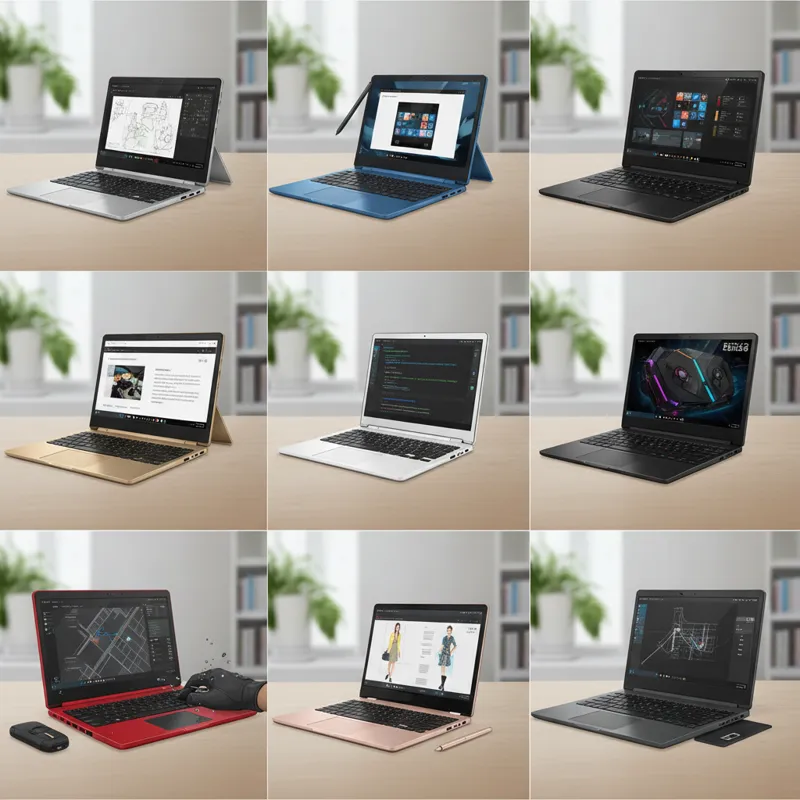 A grid of nine diverse touch screen laptops from different brands, showcasing various form factors (2-in-1, detachables), screen sizes, and colors, la