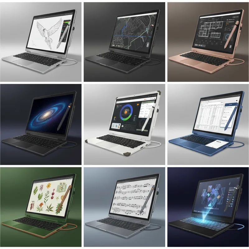Nine distinct close-up shots, each featuring one of the reviewed touch screen laptops, highlighting its unique design elements, screen quality, and pe