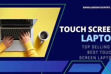 Hands typing on a silver laptop on a yellow surface, with a smartphone and coffee cup nearby. The image prominently features text on a blue background promoting 'Touch Screen Laptop' and 'Top Selling 9 Best Touch Screen Laptop', ideal for an article or review.