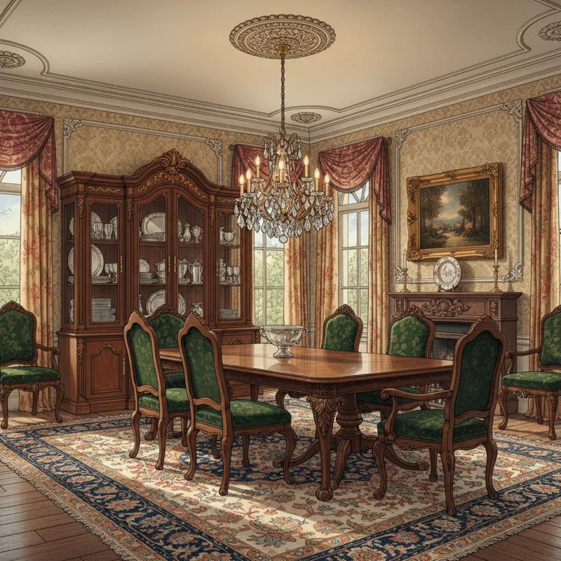 A wide shot of a classic, ornate traditional dining room suite featuring a large wooden table, upholstered chairs, and a coordinating china cabinet. T