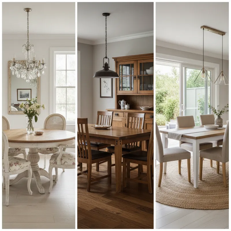 A collage of various traditional dining room sub-styles: one image showing a French Provincial table and chairs, another showing a solid, dark Mission