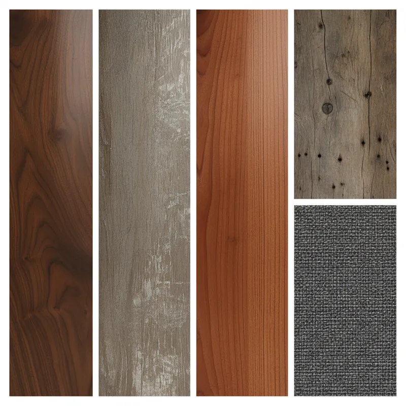 A close-up shot showcasing different wood grains and finishes on a traditional dining table surface, next to a swatch of durable upholstery fabric for