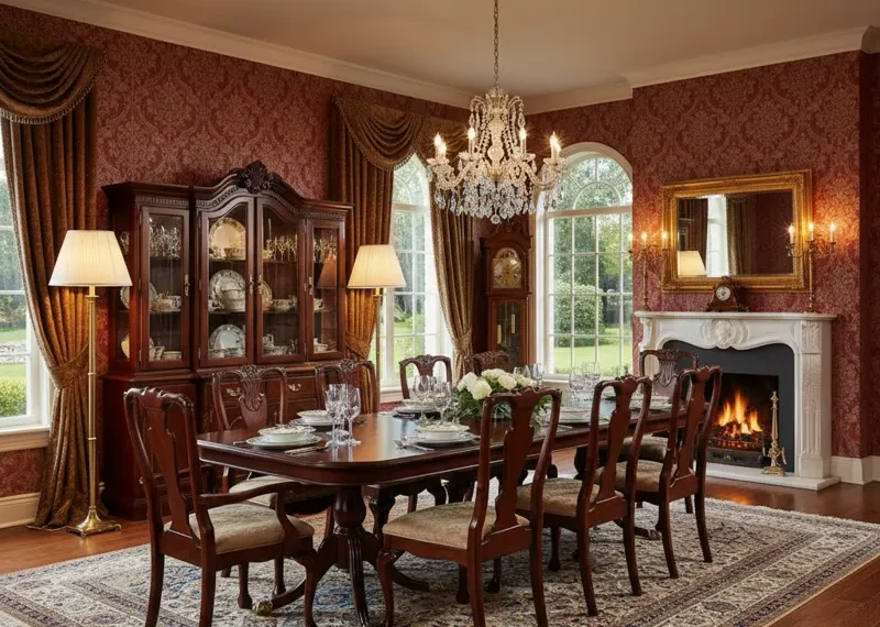 Elegant traditional mahogany dining room suite with carved chairs, ornate pedestal table, and classic upholstered seating.