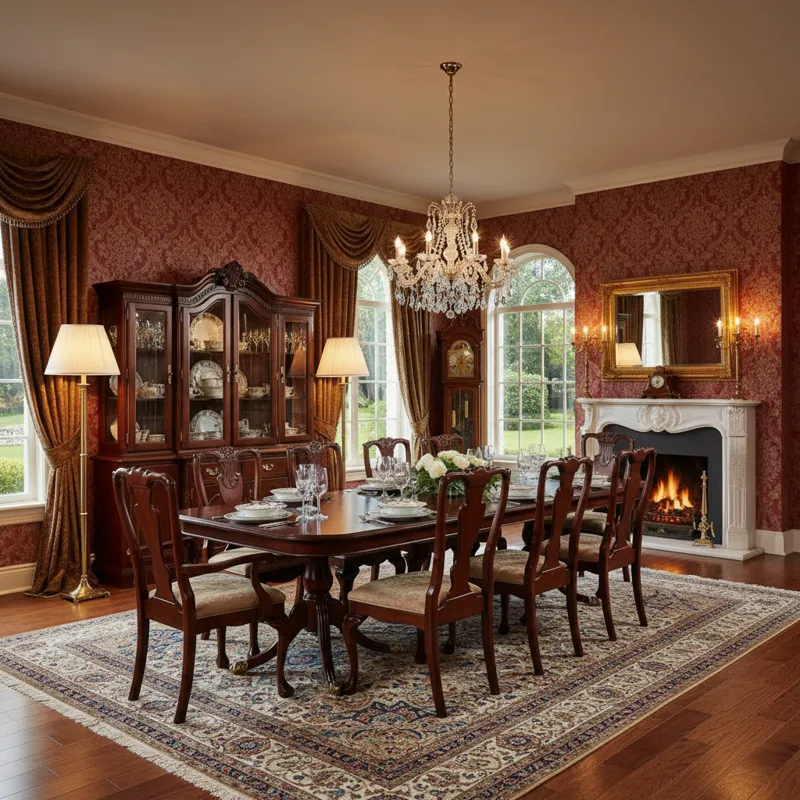 Elegant traditional mahogany dining room suite with carved chairs, ornate pedestal table, and classic upholstered seating.