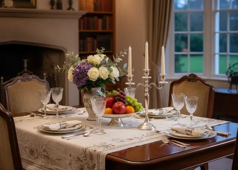 A beautifully set traditional wooden dining table with classic chairs, ready for a family meal or gathering.